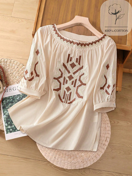 Franclia Retro Heavily Embroidered Half Sleeve Crew Neck Casual Shirt