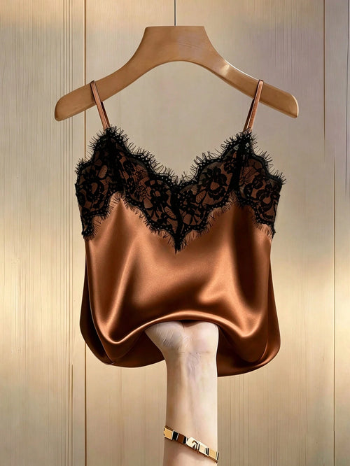 Franclia Sexy Slim Fit Lace & Satin Contrast Cami Top, Summer Beach Vacation Casual Travel Tank Top For Women