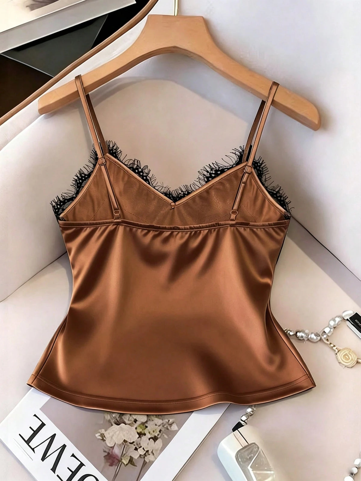 Franclia Sexy Slim Fit Lace & Satin Contrast Cami Top, Summer Beach Vacation Casual Travel Tank Top For Women