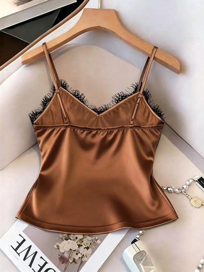 Franclia Sexy Slim Fit Lace & Satin Contrast Cami Top, Summer Beach Vacation Casual Travel Tank Top For Women