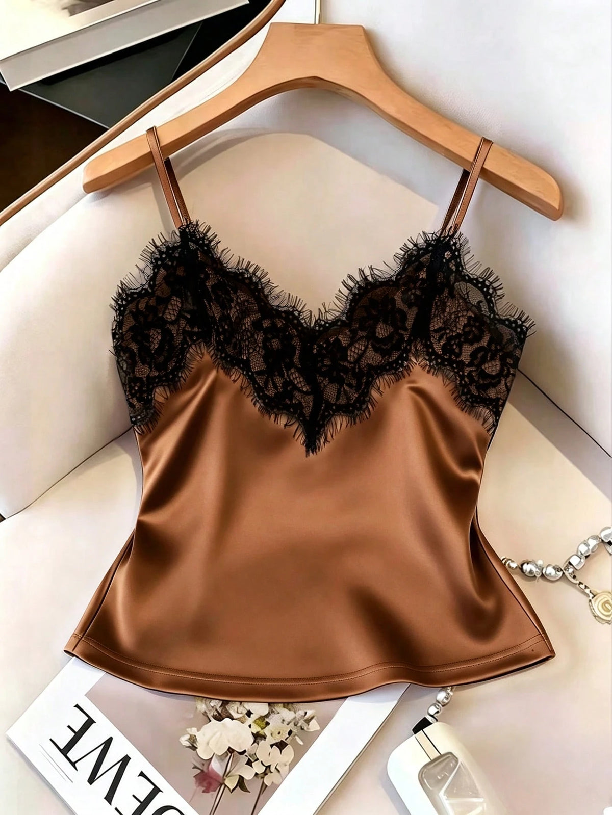 Franclia Sexy Slim Fit Lace & Satin Contrast Cami Top, Summer Beach Vacation Casual Travel Tank Top For Women