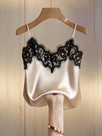 Franclia Sexy Slim Fit Lace & Satin Contrast Cami Top, Summer Beach Vacation Casual Travel Tank Top For Women