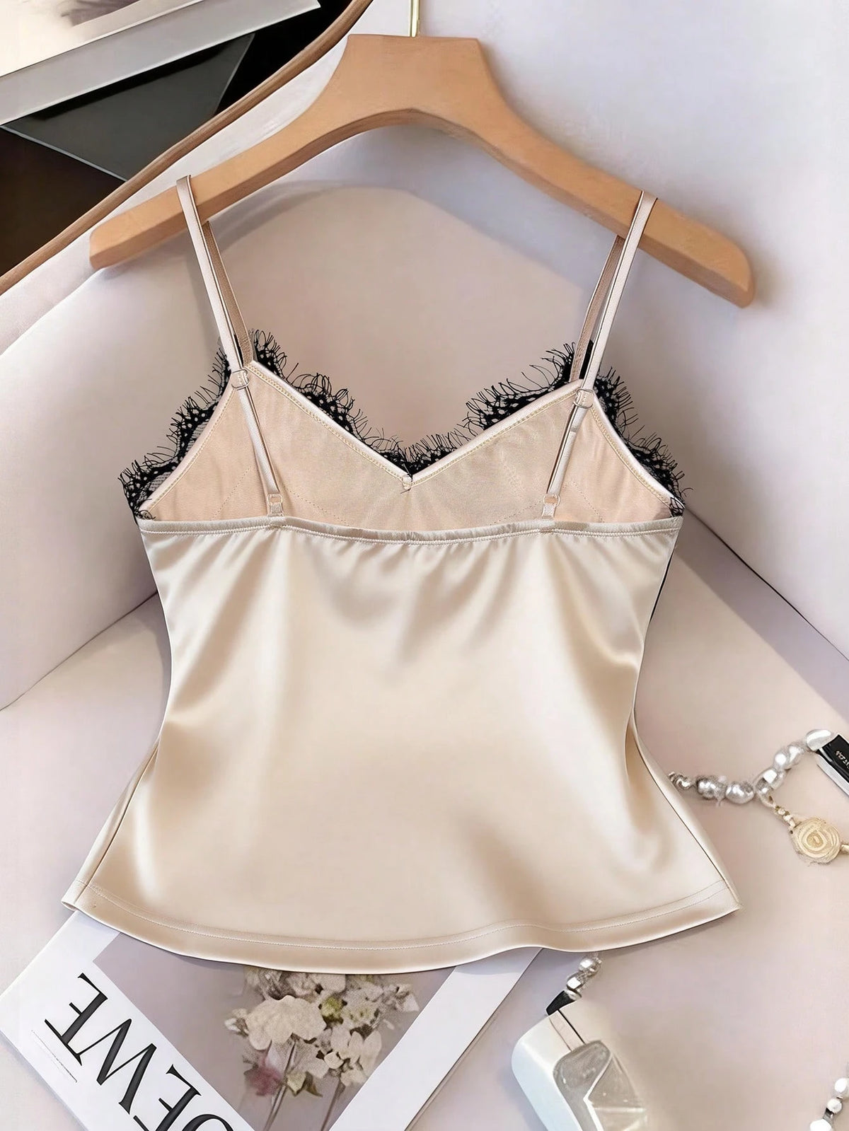 Franclia Sexy Slim Fit Lace & Satin Contrast Cami Top, Summer Beach Vacation Casual Travel Tank Top For Women