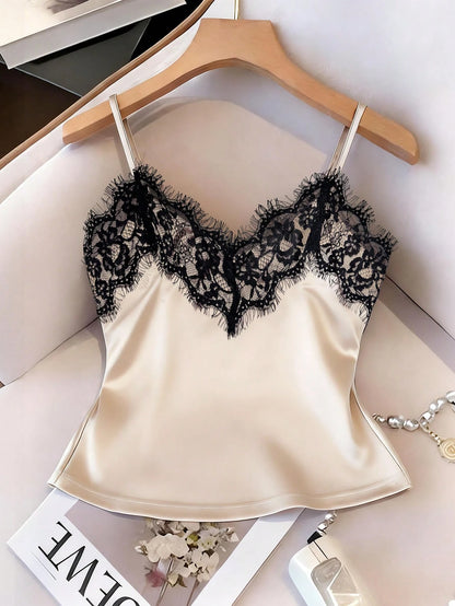 Franclia Sexy Slim Fit Lace & Satin Contrast Cami Top, Summer Beach Vacation Casual Travel Tank Top For Women