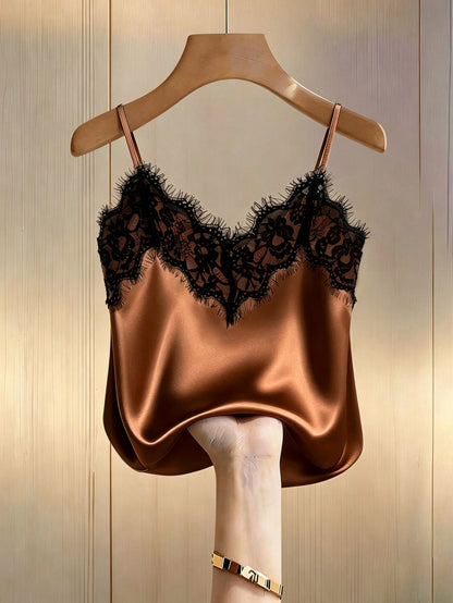 Franclia Sexy Slim Fit Lace & Satin Contrast Cami Top, Summer Beach Vacation Casual Travel Tank Top For Women