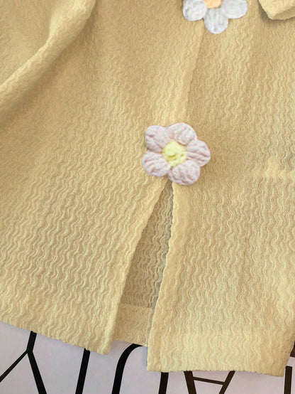 Franclia Stylish Round Neck Short Sleeve T-Shirt, 3D Floral Graphic Tee Creamy Yellow Clothes For University
