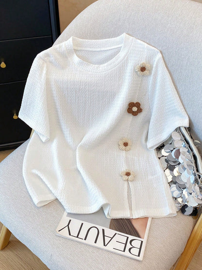 Franclia Stylish Round Neck Short Sleeve T-Shirt, 3D Floral Graphic Tee Creamy Yellow Clothes For University