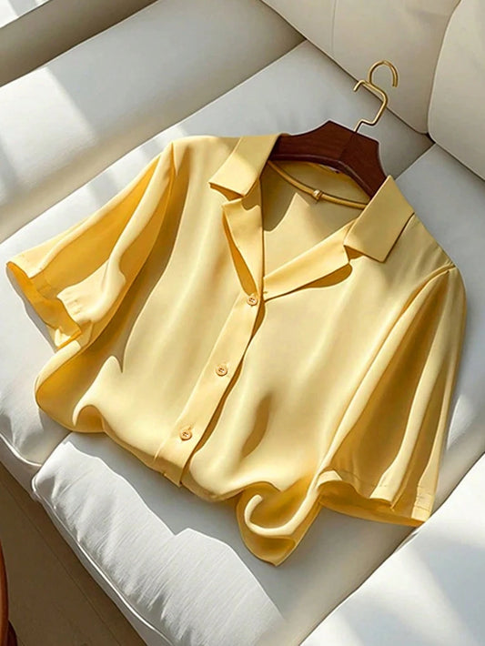 Franclia Versatile Solid Color Lapel Short Sleeve Casual Women Blouse, Summer