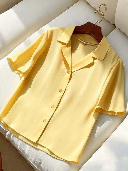 Franclia Versatile Solid Color Lapel Short Sleeve Casual Women Blouse, Summer