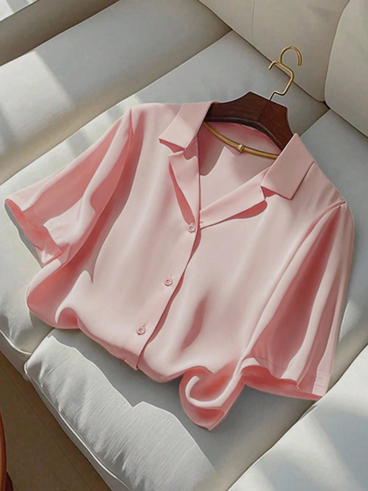Franclia Versatile Solid Color Lapel Short Sleeve Casual Women Blouse, Summer