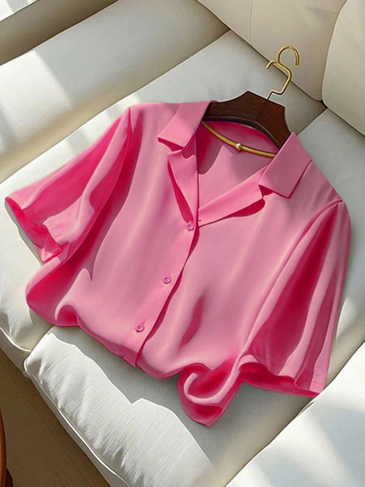 Franclia Versatile Solid Color Turndown Collar Short Sleeve Blouse For Women, Casual Summer Pink Hot Pink