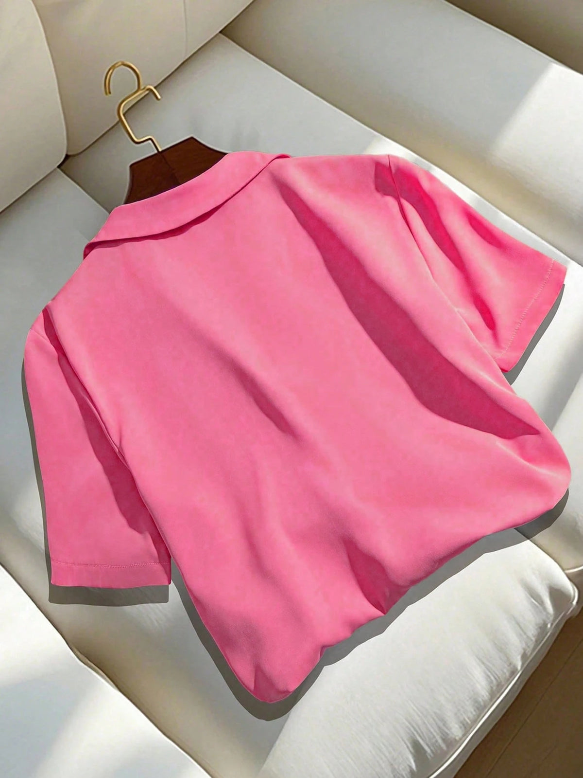 Franclia Versatile Solid Color Turndown Collar Short Sleeve Blouse For Women, Casual Summer Pink Hot Pink