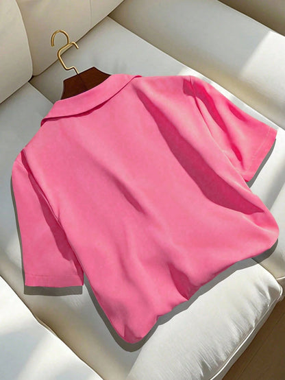 Franclia Versatile Solid Color Turndown Collar Short Sleeve Blouse For Women, Casual Summer Pink Hot Pink