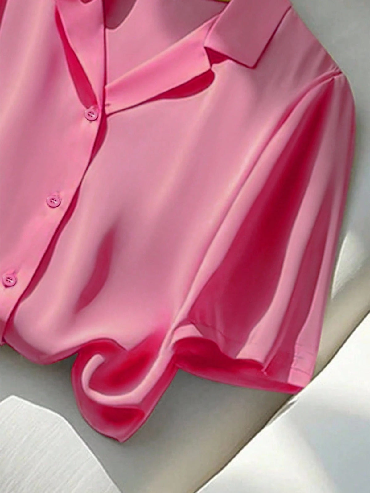 Franclia Versatile Solid Color Turndown Collar Short Sleeve Blouse For Women, Casual Summer Pink Hot Pink