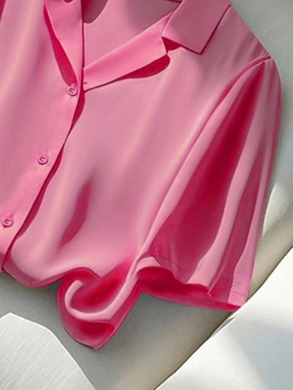 Franclia Versatile Solid Color Turndown Collar Short Sleeve Blouse For Women, Casual Summer Pink Hot Pink