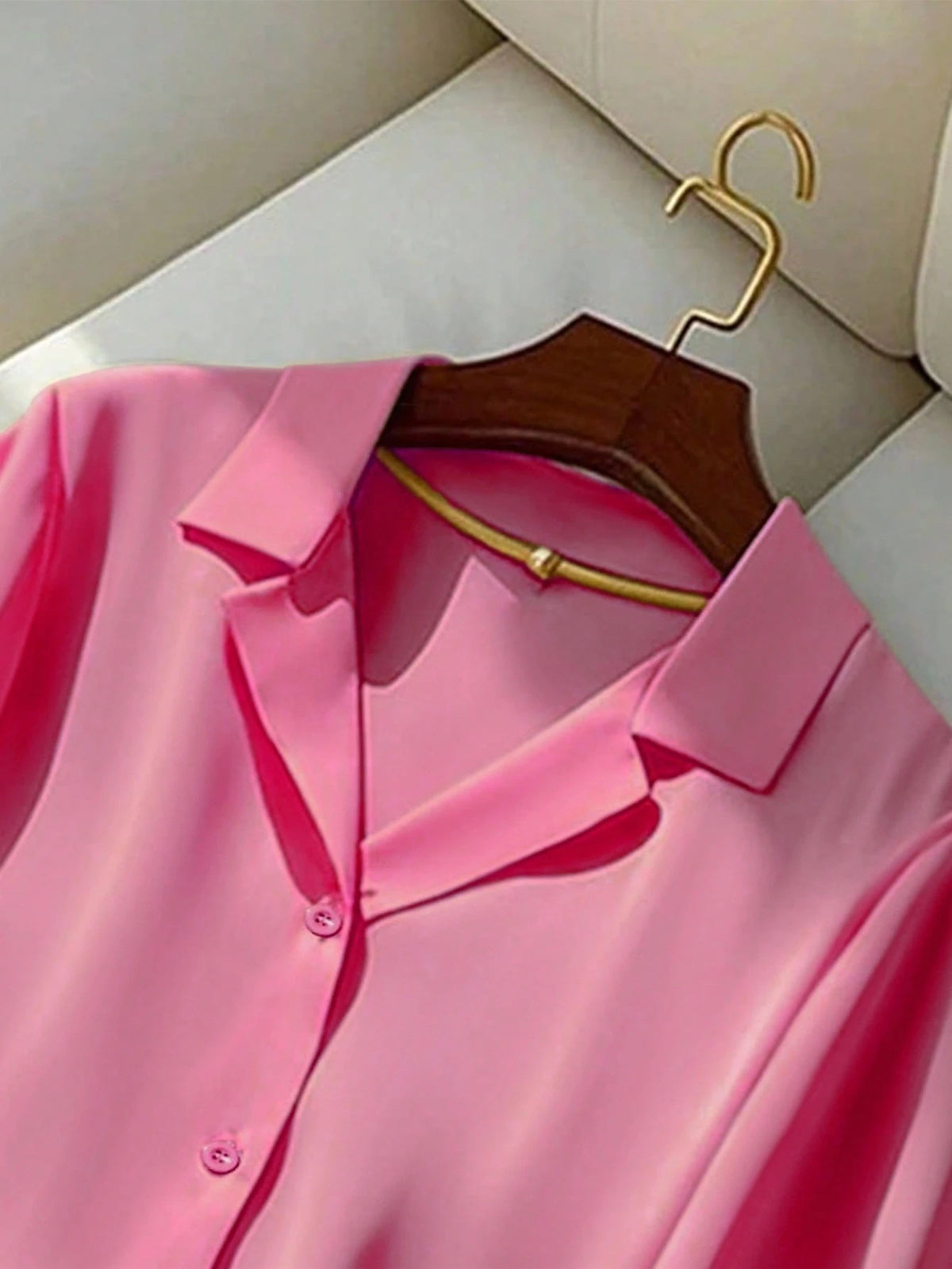 Franclia Versatile Solid Color Turndown Collar Short Sleeve Blouse For Women, Casual Summer Pink Hot Pink