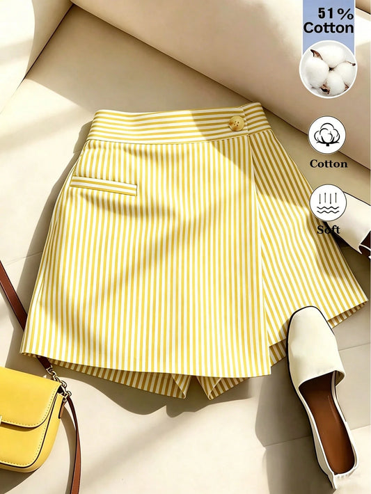Franclia Women's Casual Commute Striped Button Asymmetrical Hem Skort