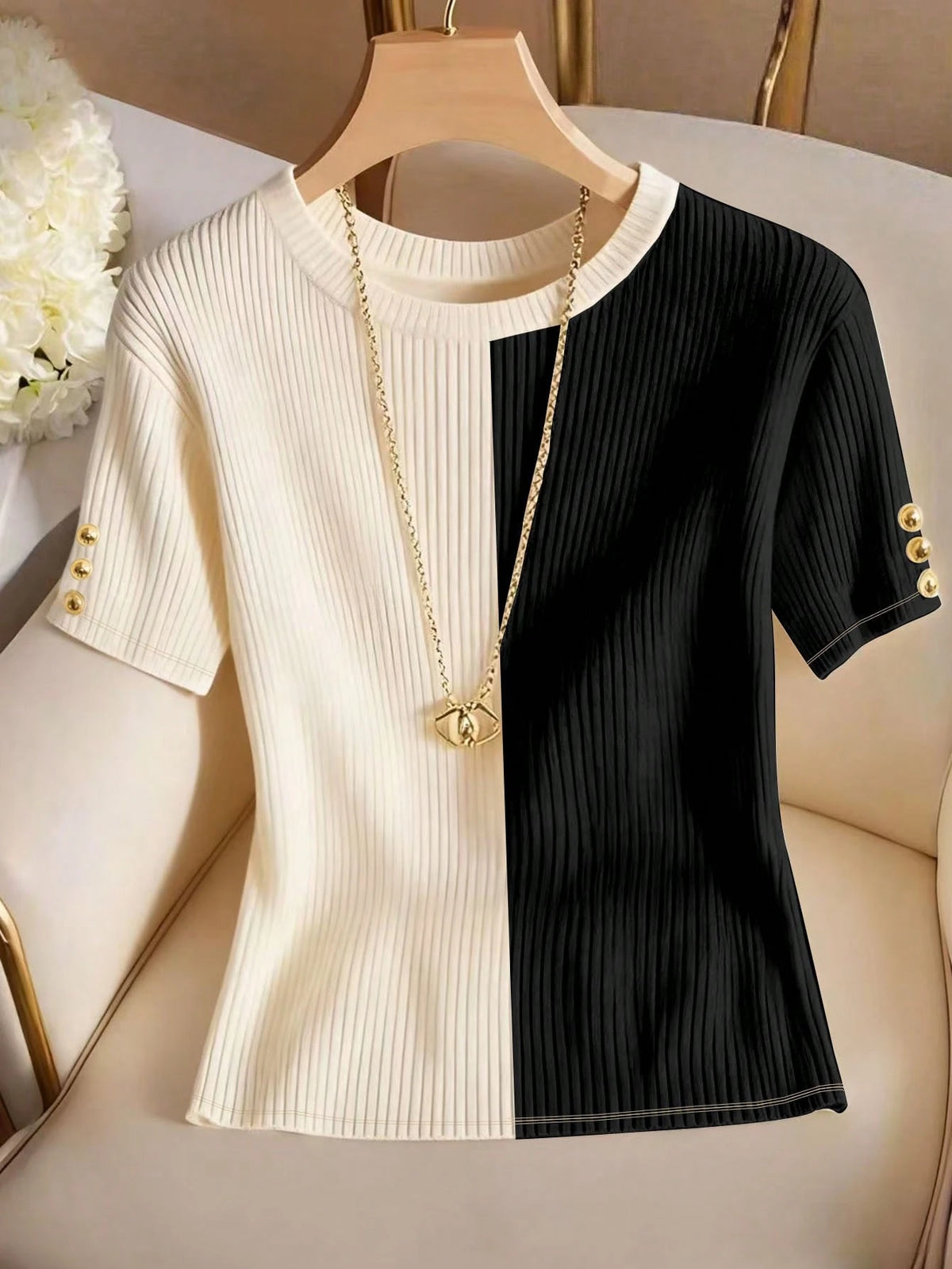 Franclia Women's Casual Commuting Black & White Striped Print Short Sleeve T-Shirt With Metal Button Decor