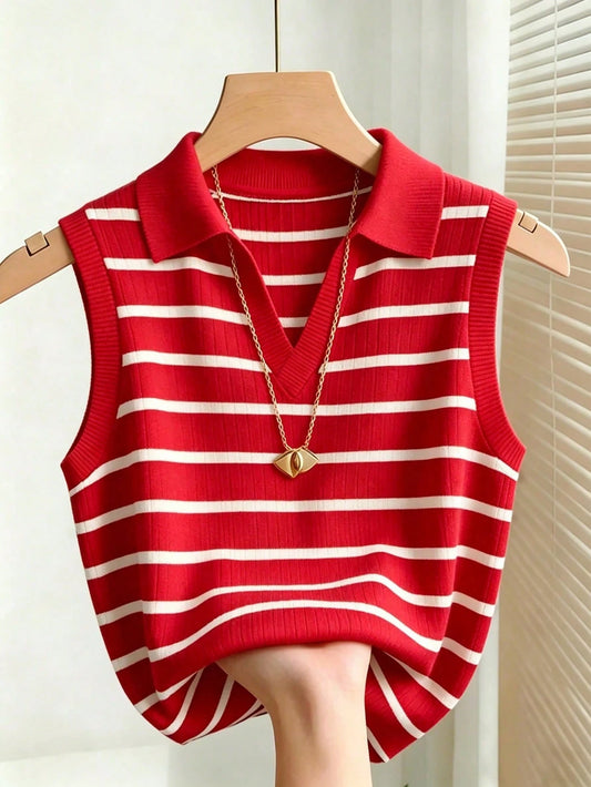 Franclia Women's Casual Elegant Knitted Collared Striped Vest