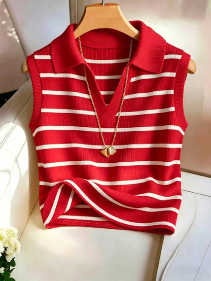 Franclia Women's Casual Elegant Knitted Collared Striped Vest