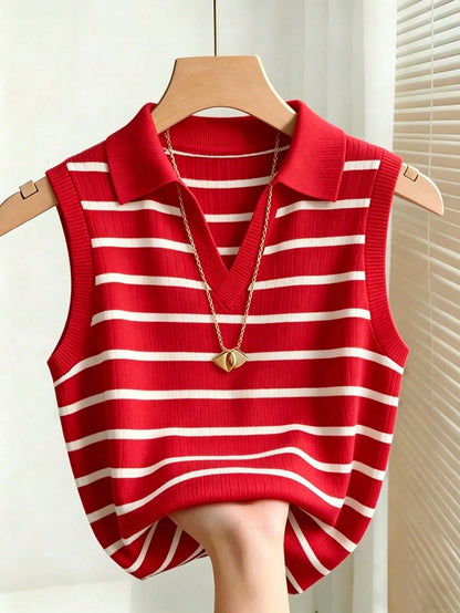 Franclia Women's Casual Elegant Knitted Collared Striped Vest
