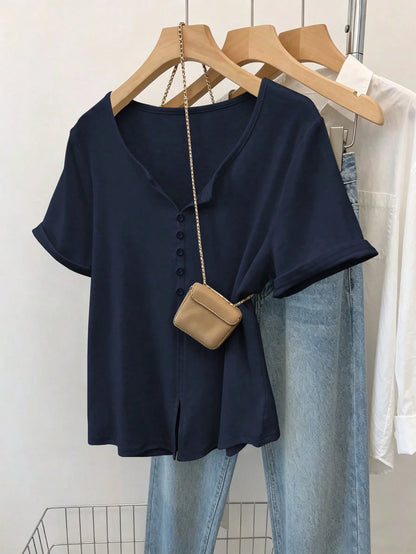 Franclia Women's Casual Retro Minimalist Mori Girl Commuter Button Short Sleeve T-Shirt