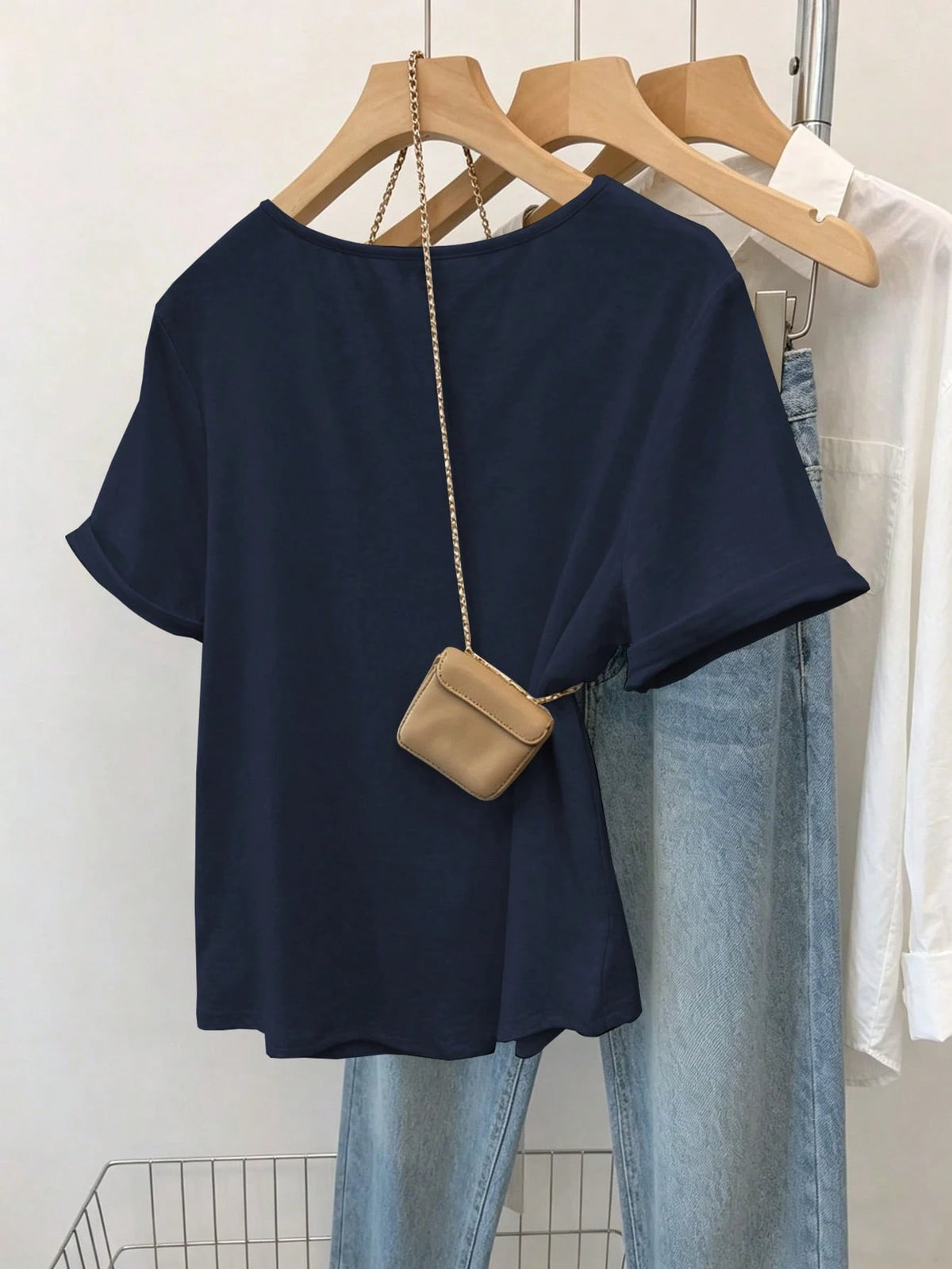 Franclia Women's Casual Retro Minimalist Mori Girl Commuter Button Short Sleeve T-Shirt