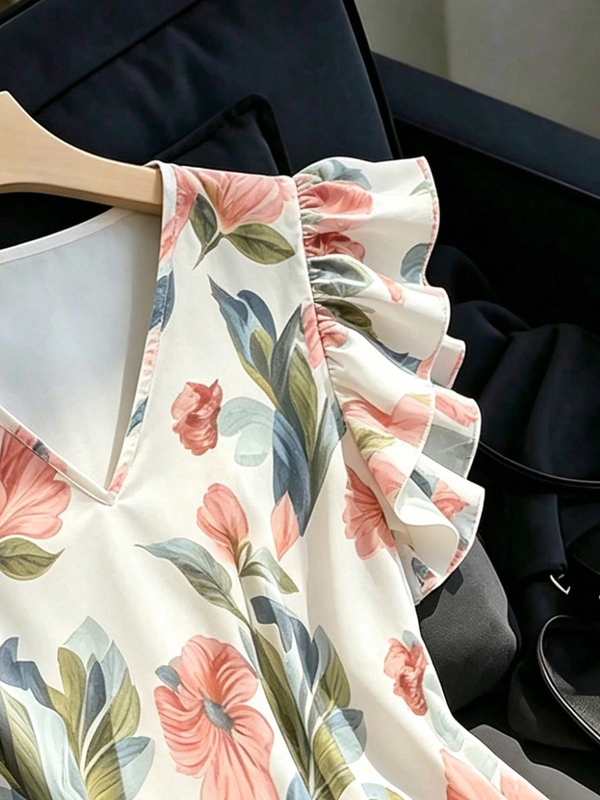 Franclia Women's Casual Versatile Ruffle Flutter Sleeve White Blouse, V-Neck Pullover Shirt, Polka Dot Top, Cap Sleeve Printed Blouse, Tank Top, Summer Vacation Wear