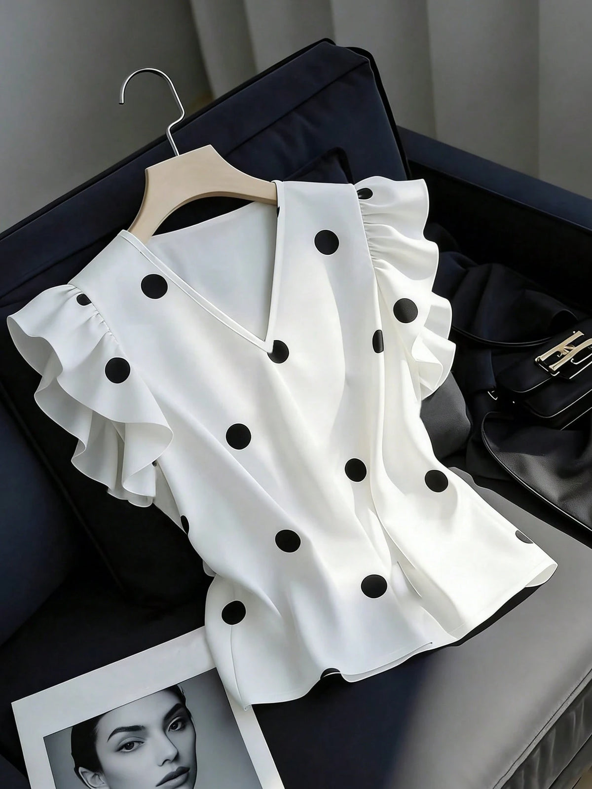 Franclia Women's Casual Versatile Ruffle Flutter Sleeve White Blouse, V-Neck Pullover Shirt, Polka Dot Top, Cap Sleeve Printed Blouse, Tank Top, Summer Vacation Wear