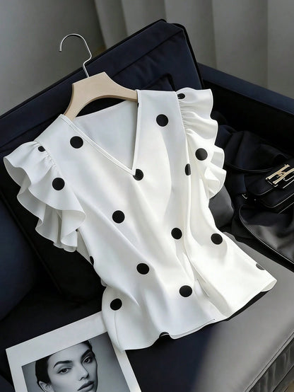 Franclia Women's Casual Versatile Ruffle Flutter Sleeve White Blouse, V-Neck Pullover Shirt, Polka Dot Top, Cap Sleeve Printed Blouse, Tank Top, Summer Vacation Wear
