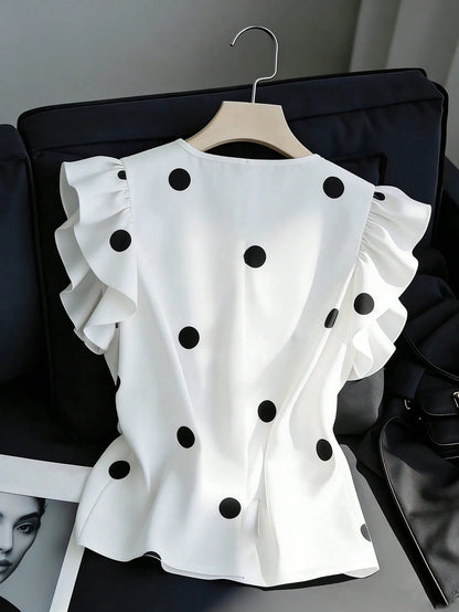 Franclia Women's Casual Versatile Ruffle Flutter Sleeve White Blouse, V-Neck Pullover Shirt, Polka Dot Top, Cap Sleeve Printed Blouse, Tank Top, Summer Vacation Wear