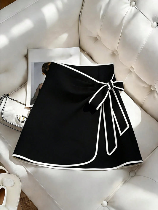 Franclia Women's Elegant Contrast Color Trim Tie-Waist Wrap Skirt,Black And White Checkered,Summer,Classy,Brunch,Office High Waist Ribbon Mini Maong Skirts