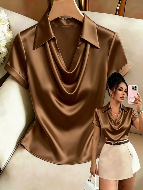 Franclia Women's Elegant Solid Color Satin Cowl Neck Ruched Short Sleeve Blouse, Suitable For Office, Home, Daily Wear
