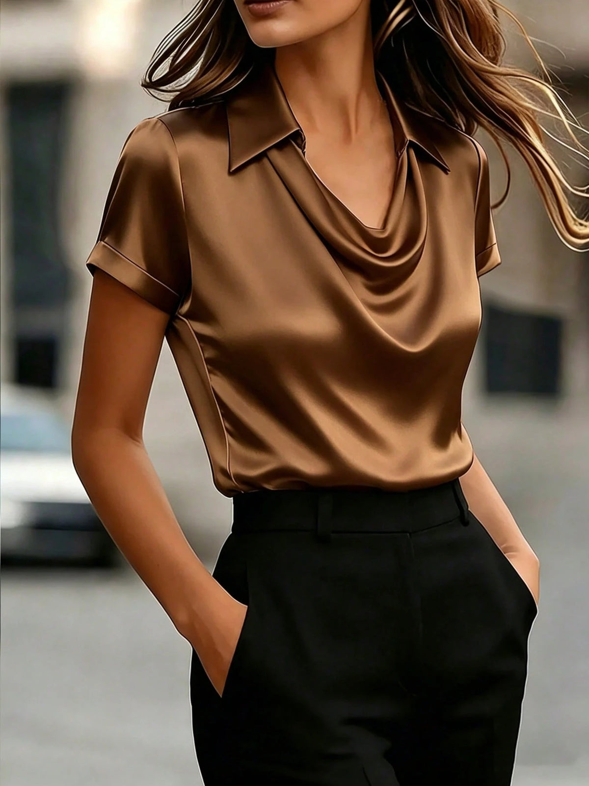 Franclia Women's Elegant Solid Color Satin Cowl Neck Ruched Short Sleeve Blouse, Suitable For Office, Home, Daily Wear