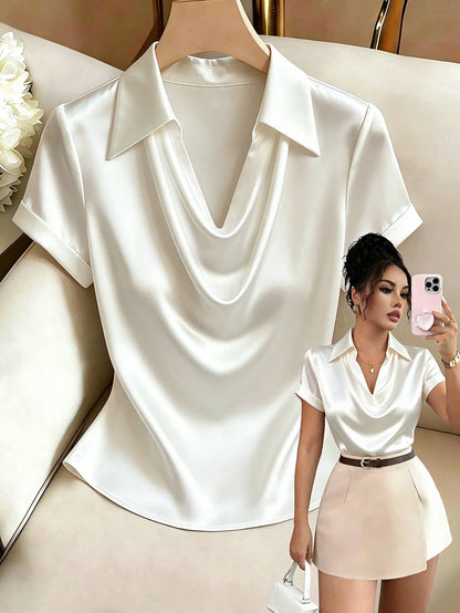 Franclia Women's Elegant Solid Color Satin Cowl Neck Ruched Short Sleeve Blouse, Suitable For Office, Home, Daily Wear