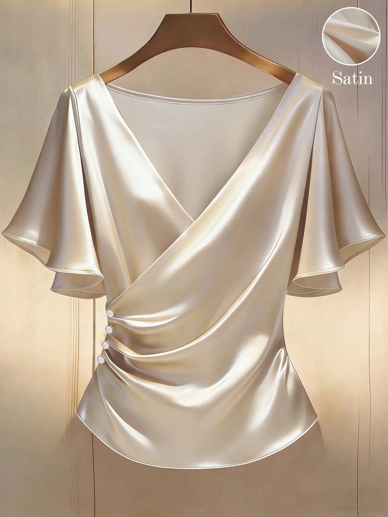 Franclia Women's Elegant White Gold Satin Blouses,Summer Office V-Neck Glossy Short-Sleeved Ruffle Sleeves Pearl Luxury Tops For Party,Vacation