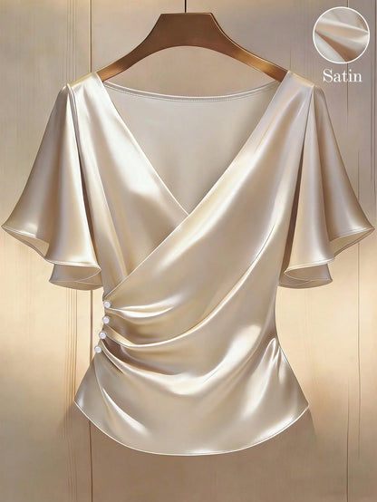 Franclia Women's Elegant White Gold Satin Blouses,Summer Office V-Neck Glossy Short-Sleeved Ruffle Sleeves Pearl Luxury Tops For Party,Vacation