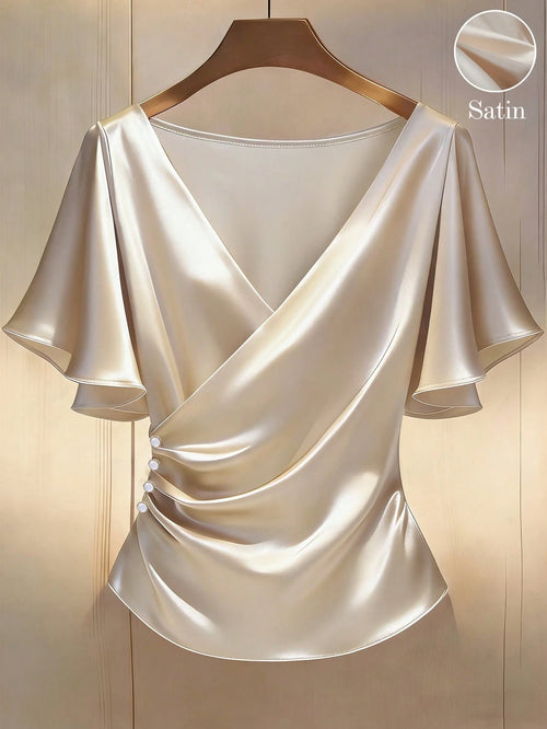 Franclia Women's Elegant White Gold Satin Blouses,Summer Office V-Neck Glossy Short-Sleeved Ruffle Sleeves Pearl Luxury Tops For Party,Vacation