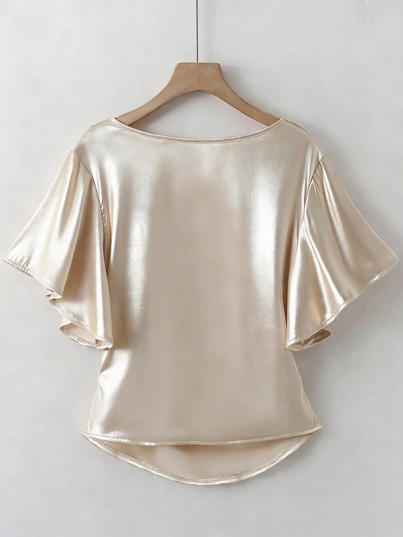 Franclia Women's Elegant White Gold Satin Blouses,Summer Office V-Neck Glossy Short-Sleeved Ruffle Sleeves Pearl Luxury Tops For Party,Vacation