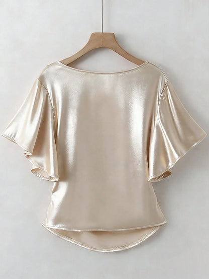 Franclia Women's Elegant White Gold Satin Blouses,Summer Office V-Neck Glossy Short-Sleeved Ruffle Sleeves Pearl Luxury Tops For Party,Vacation