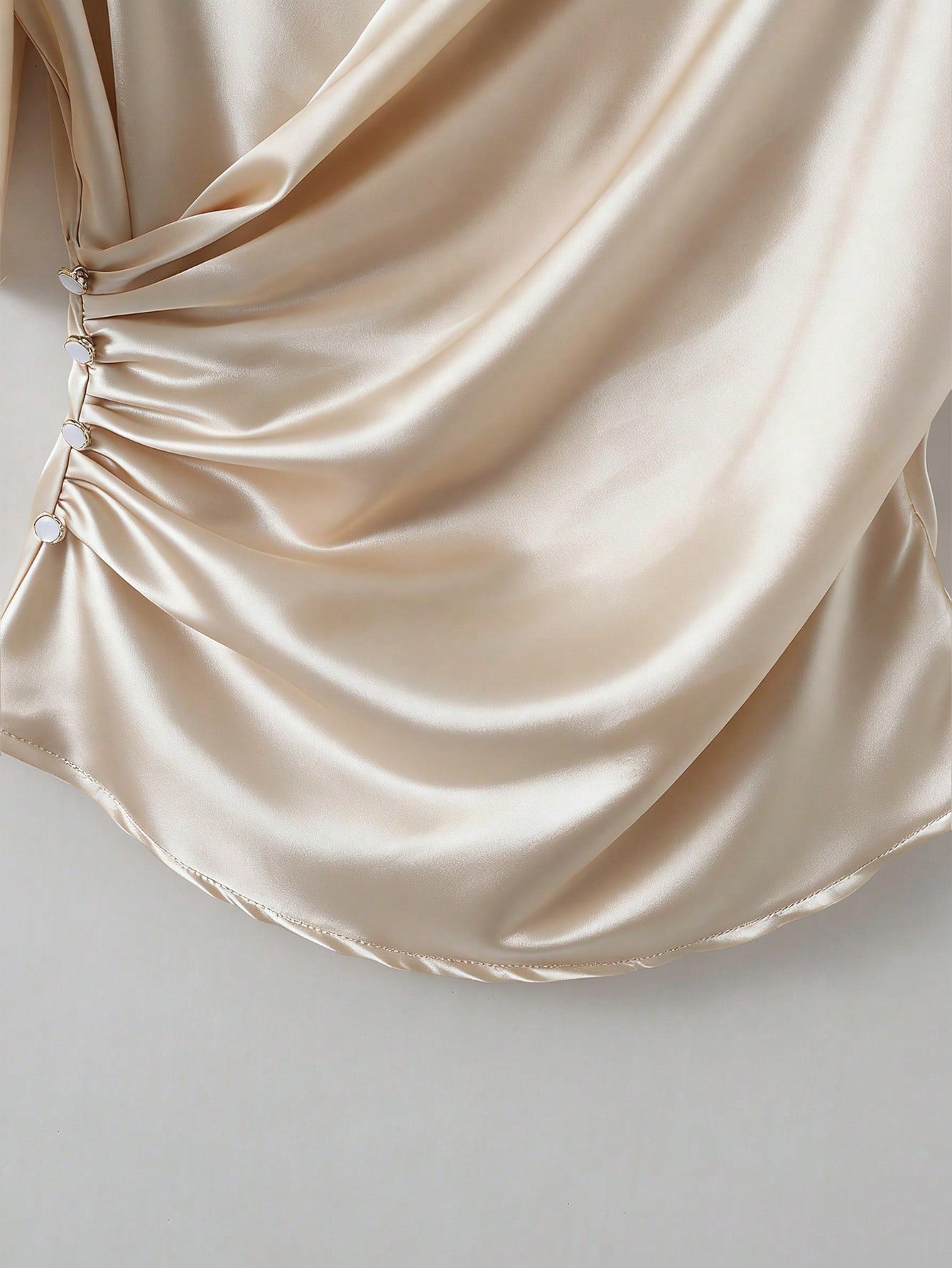 Franclia Women's Elegant White Gold Satin Blouses,Summer Office V-Neck Glossy Short-Sleeved Ruffle Sleeves Pearl Luxury Tops For Party,Vacation