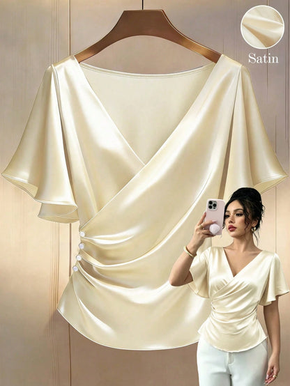 Franclia Women's Elegant White Gold Satin Blouses,Summer Office V-Neck Glossy Short-Sleeved Ruffle Sleeves Pearl Luxury Tops For Party,Vacation