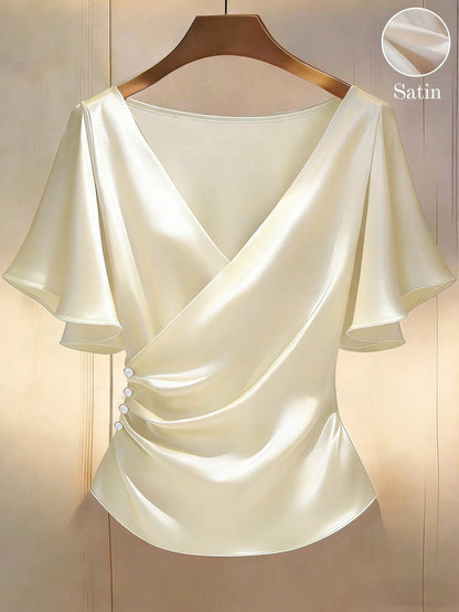 Franclia Women's Elegant White Gold Satin Blouses,Summer Office V-Neck Glossy Short-Sleeved Ruffle Sleeves Pearl Luxury Tops For Party,Vacation