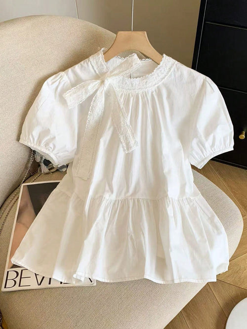 Franclia Women's Elegant White Summer Tea Party Blouse,Ruffle Lace Bow Neck Babydoll Top,Cute Puff Short Sleeve Puffed Detail Blouses