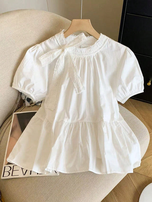 Franclia Women's Elegant White Summer Tea Party Blouse,Ruffle Lace Bow Neck Babydoll Top,Cute Puff Short Sleeve Puffed Detail Blouses
