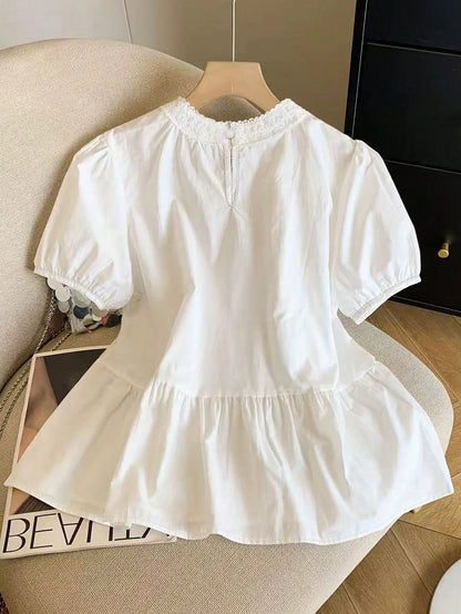 Franclia Women's Elegant White Summer Tea Party Blouse,Ruffle Lace Bow Neck Babydoll Top,Cute Puff Short Sleeve Puffed Detail Blouses