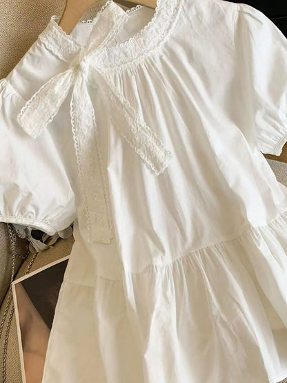 Franclia Women's Elegant White Summer Tea Party Blouse,Ruffle Lace Bow Neck Babydoll Top,Cute Puff Short Sleeve Puffed Detail Blouses