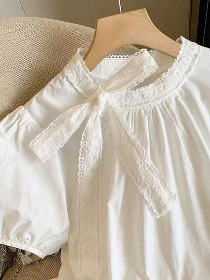 Franclia Women's Elegant White Summer Tea Party Blouse,Ruffle Lace Bow Neck Babydoll Top,Cute Puff Short Sleeve Puffed Detail Blouses