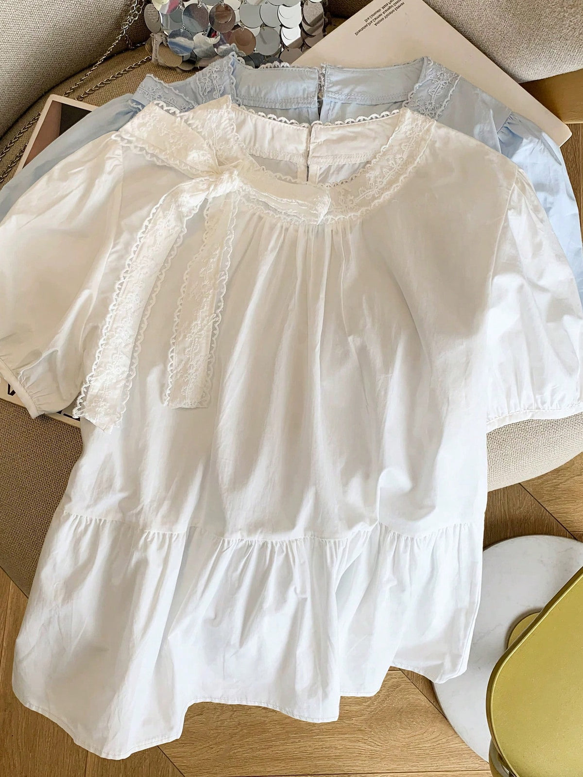 Franclia Women's Elegant White Summer Tea Party Blouse,Ruffle Lace Bow Neck Babydoll Top,Cute Puff Short Sleeve Puffed Detail Blouses