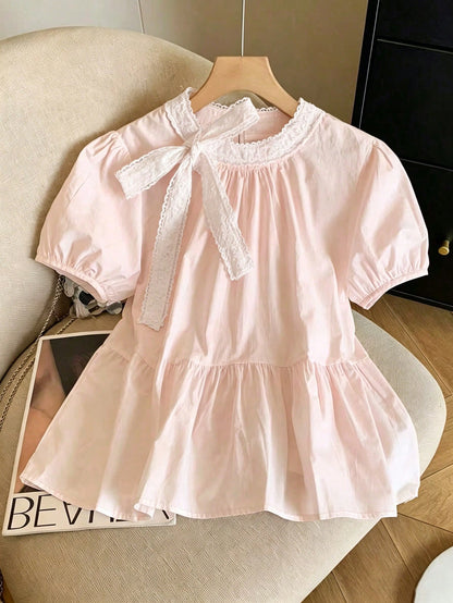 Franclia Women's Elegant White Summer Tea Party Blouse,Ruffle Lace Bow Neck Babydoll Top,Cute Puff Short Sleeve Puffed Detail Blouses